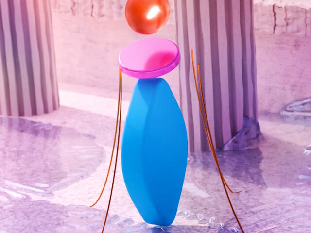 A 3D render of abstract shapes moving in a marble environment.