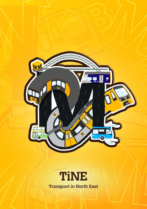 A graphic poster of the Metro 'M' symbol surrounded by Tyne and Wear Metro trains, the Tyne Bridge, two Go North East buses and a Northern train.