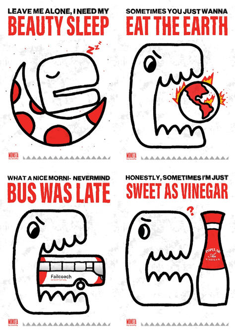 Four 'MONSTA' series posters displaying a monster doing various activities pertaining to relatable headlines.